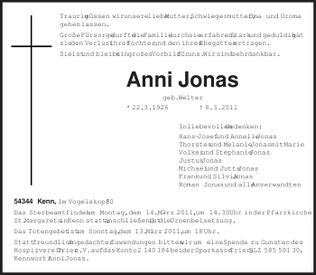 Traueranzeige von Anni Jonas von TRIERISCHER VOLKSFREUND