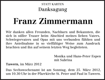Traueranzeige von Franz Zimmermann von TRIERISCHER VOLKSFREUND