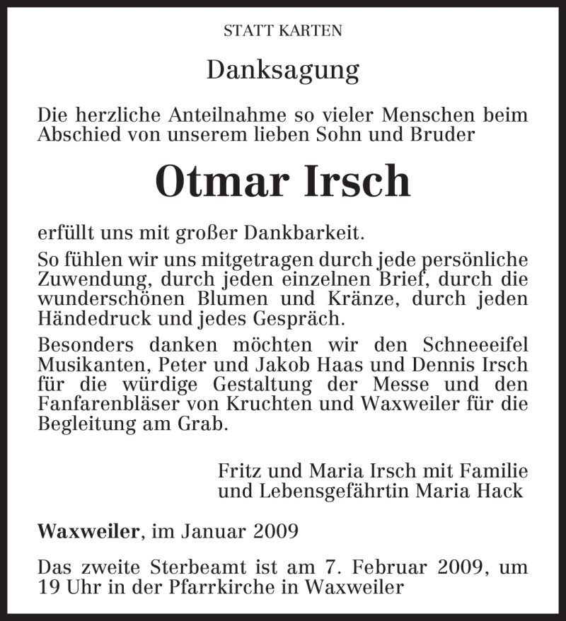  Traueranzeige für Otmar Irsch vom 31.01.2009 aus TRIERISCHER VOLKSFREUND