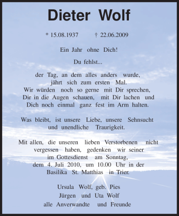 Traueranzeige von Dieter Wolf von TRIERISCHER VOLKSFREUND