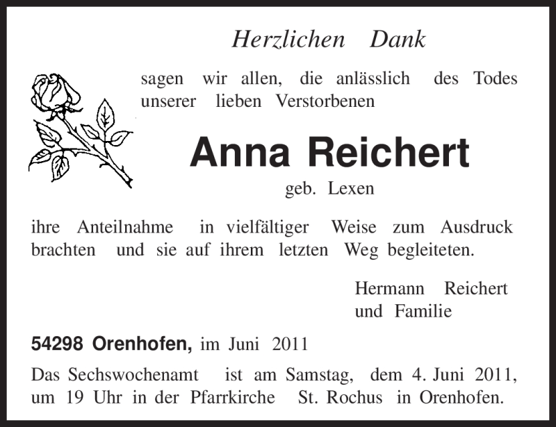  Traueranzeige für Anna Reichert vom 02.06.2011 aus TRIERISCHER VOLKSFREUND