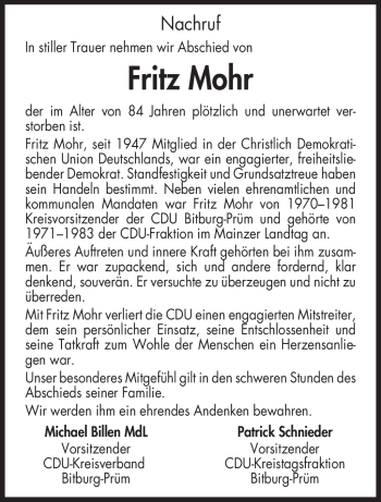 Traueranzeige von Fritz Mohr von TRIERISCHER VOLKSFREUND