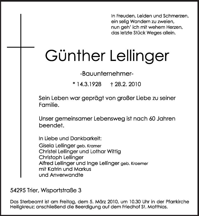  Traueranzeige für Günther Lellinger vom 02.03.2010 aus TRIERISCHER VOLKSFREUND