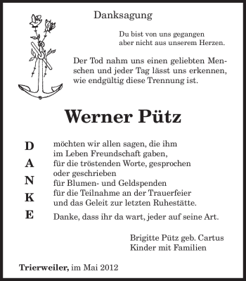 Traueranzeige von Werner Pütz von TRIERISCHER VOLKSFREUND