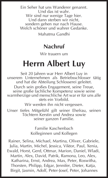 Traueranzeige von Albert Luy von TRIERISCHER VOLKSFREUND