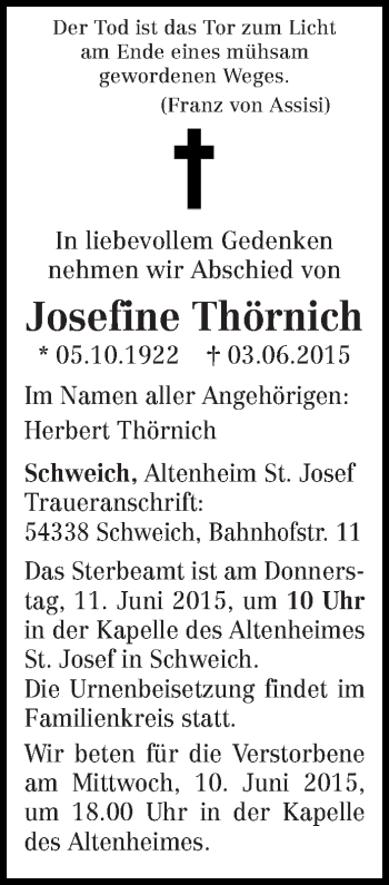 Traueranzeige von Josefine Thörnich von trierischer_volksfreund