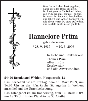 Traueranzeige von Hannelore Prüm von TRIERISCHER VOLKSFREUND