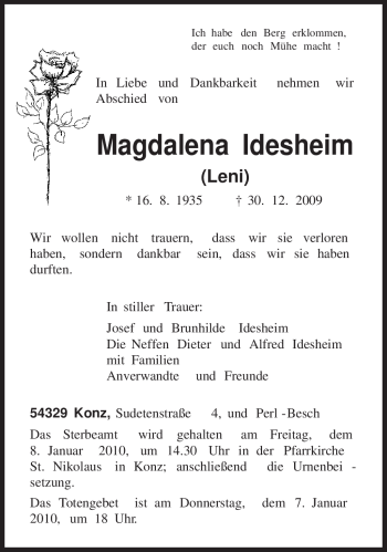 Traueranzeige von Magdalena Idesheim von TRIERISCHER VOLKSFREUND