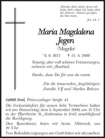 Traueranzeige von Maria Magdalena Jegen von TRIERISCHER VOLKSFREUND