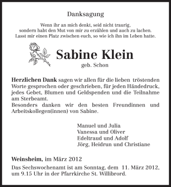 Traueranzeige von Sabine Klein von TRIERISCHER VOLKSFREUND