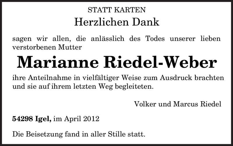  Traueranzeige für Marianne Riedel-Weber vom 15.05.2012 aus TRIERISCHER VOLKSFREUND