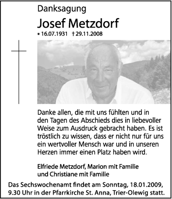 Traueranzeige von Josef Metzdorf von TRIERISCHER VOLKSFREUND