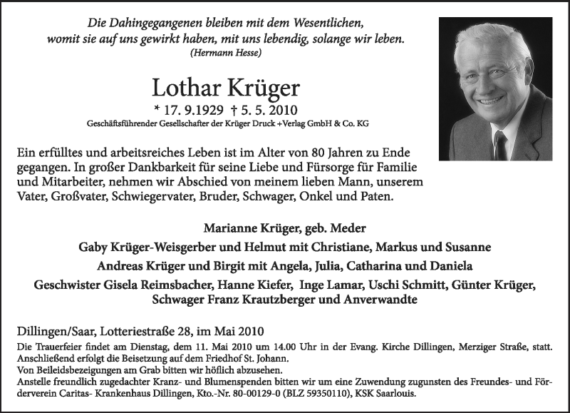  Traueranzeige für Lothar Krüger vom 08.05.2010 aus TRIERISCHER VOLKSFREUND