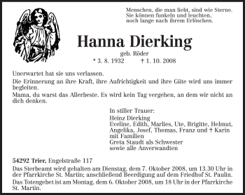 Traueranzeige von Hanna Dierking von TRIERISCHER VOLKSFREUND