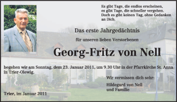 Traueranzeige von Georg-Fritz von Nell von TRIERISCHER VOLKSFREUND