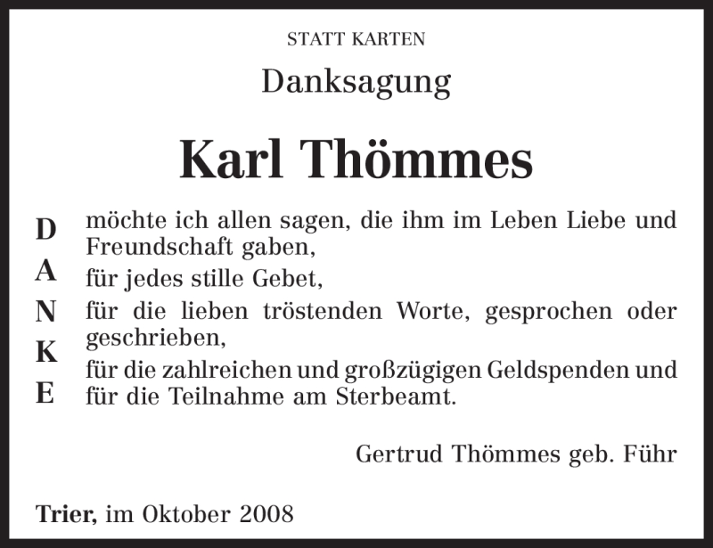  Traueranzeige für Karl Thömmes vom 29.10.2008 aus TRIERISCHER VOLKSFREUND