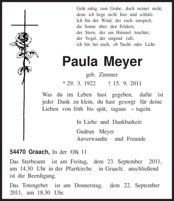 Traueranzeige von Paula Meyer von TRIERISCHER VOLKSFREUND