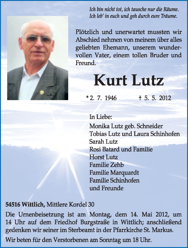  Traueranzeige für Kurt Lutz vom 08.05.2012 aus TRIERISCHER VOLKSFREUND