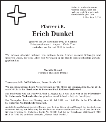 Traueranzeige von Erich Dunkel von TRIERISCHER VOLKSFREUND
