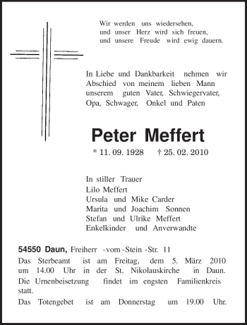 Traueranzeige von Peter Meffert von TRIERISCHER VOLKSFREUND