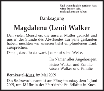 Traueranzeige von Magdalena Walker von TRIERISCHER VOLKSFREUND