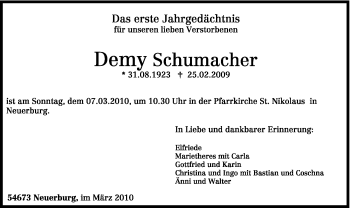 Traueranzeige von Dfemy Schumacher von TRIERISCHER VOLKSFREUND