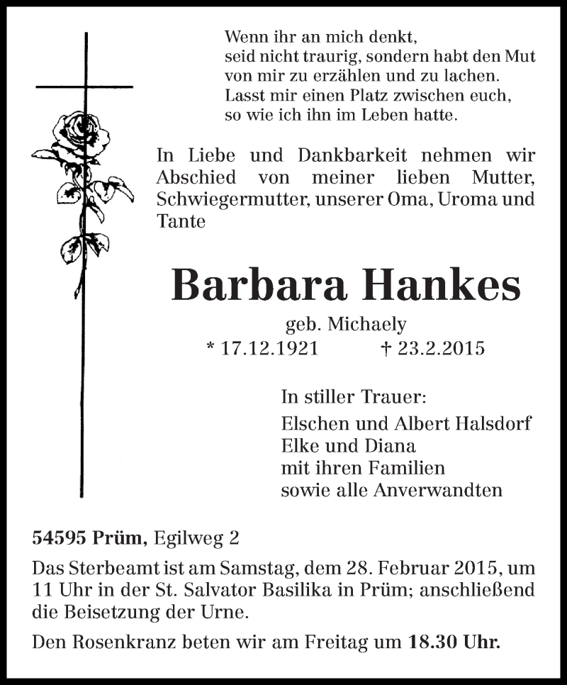  Traueranzeige für Barbara Hankes vom 25.02.2015 aus trierischer_volksfreund