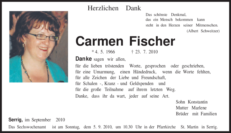  Traueranzeige für Carmen Fischer vom 01.09.2010 aus TRIERISCHER VOLKSFREUND