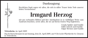 Traueranzeige von Irmgard Herzog von TRIERISCHER VOLKSFREUND