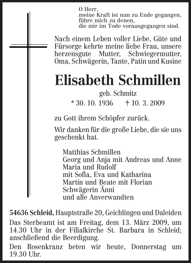  Traueranzeige für Elisabeth Schmillen vom 12.03.2009 aus TRIERISCHER VOLKSFREUND