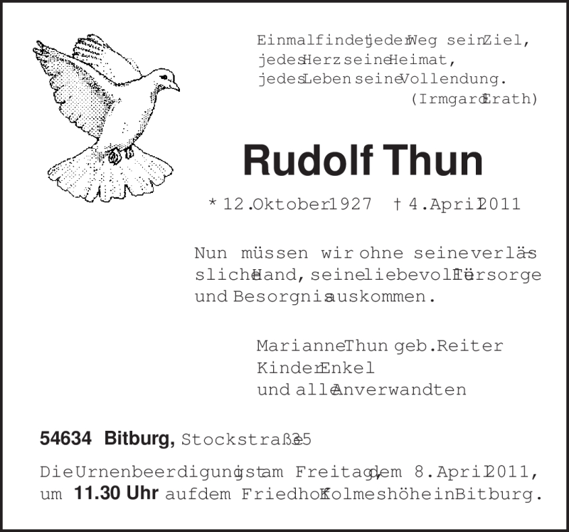  Traueranzeige für Rudolf Thun vom 05.04.2011 aus TRIERISCHER VOLKSFREUND