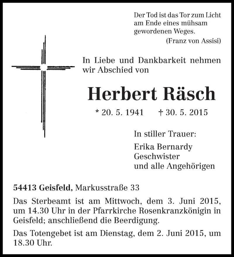  Traueranzeige für Herbert Räsch vom 01.06.2015 aus trierischer_volksfreund
