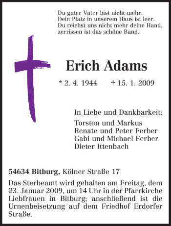 Traueranzeige von Erich Adams von TRIERISCHER VOLKSFREUND