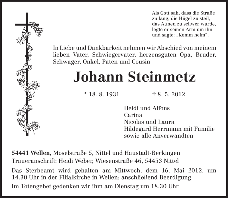  Traueranzeige für Johann Steinmetz vom 12.05.2012 aus TRIERISCHER VOLKSFREUND