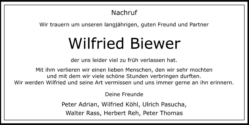  Traueranzeige für Wilfried Biewer vom 04.08.2014 aus Trierischer Volksfreund