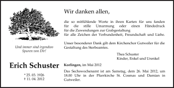 Traueranzeige von Erich Schuster von TRIERISCHER VOLKSFREUND