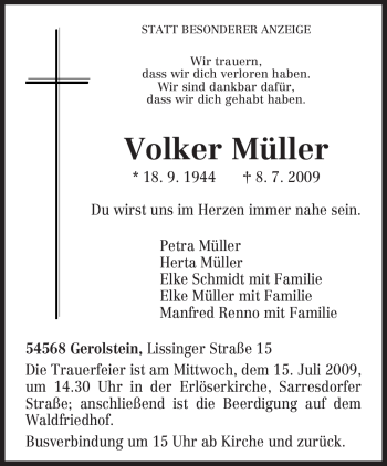 Traueranzeige von Volker Müller von TRIERISCHER VOLKSFREUND