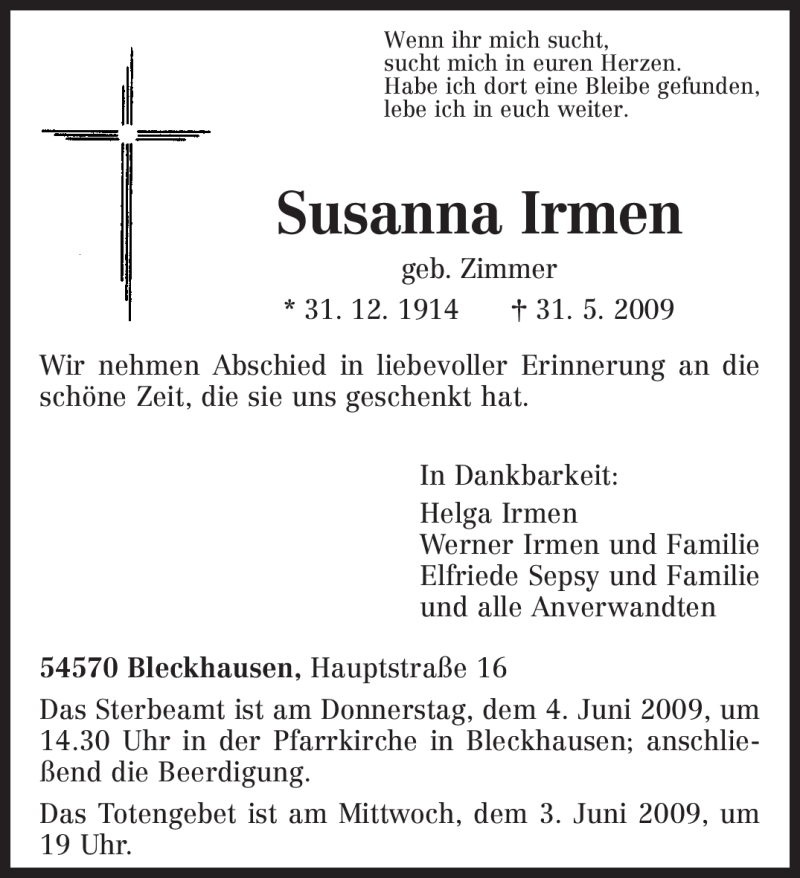  Traueranzeige für Susanna Irmen vom 02.06.2009 aus TRIERISCHER VOLKSFREUND