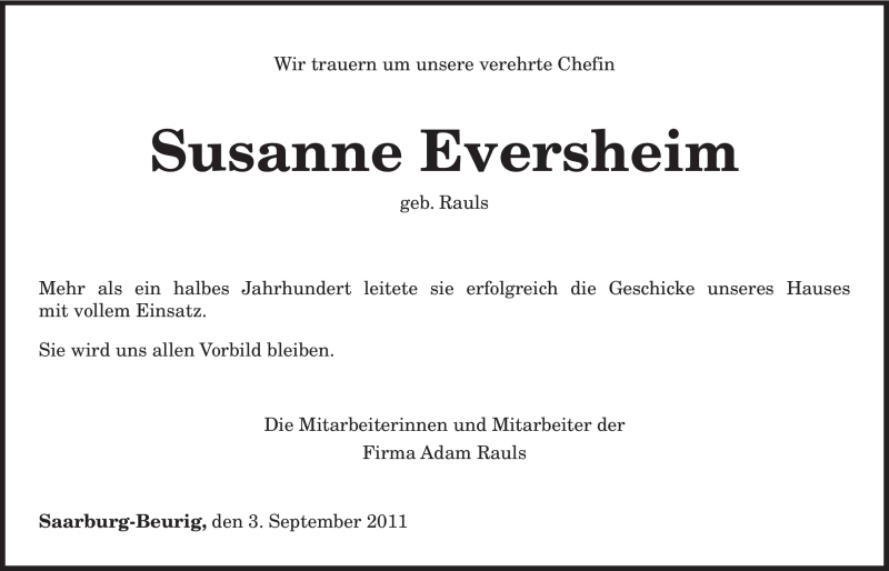  Traueranzeige für Susanne Evershein vom 05.09.2011 aus TRIERISCHER VOLKSFREUND