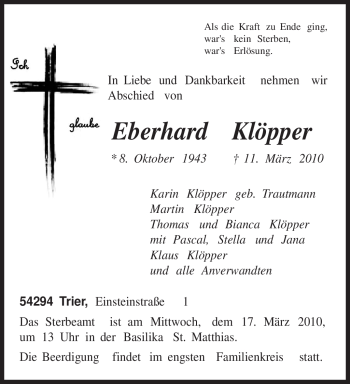 Traueranzeige von Eberhard Klöpper von TRIERISCHER VOLKSFREUND