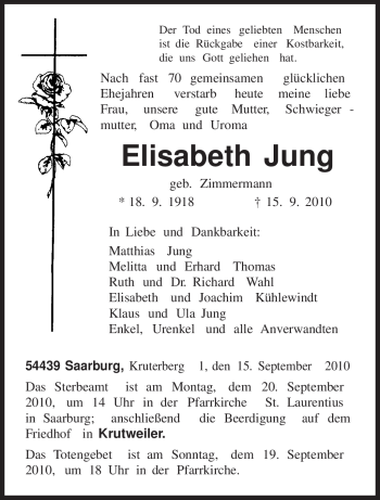 Traueranzeige von Elisabeth Jung von TRIERISCHER VOLKSFREUND