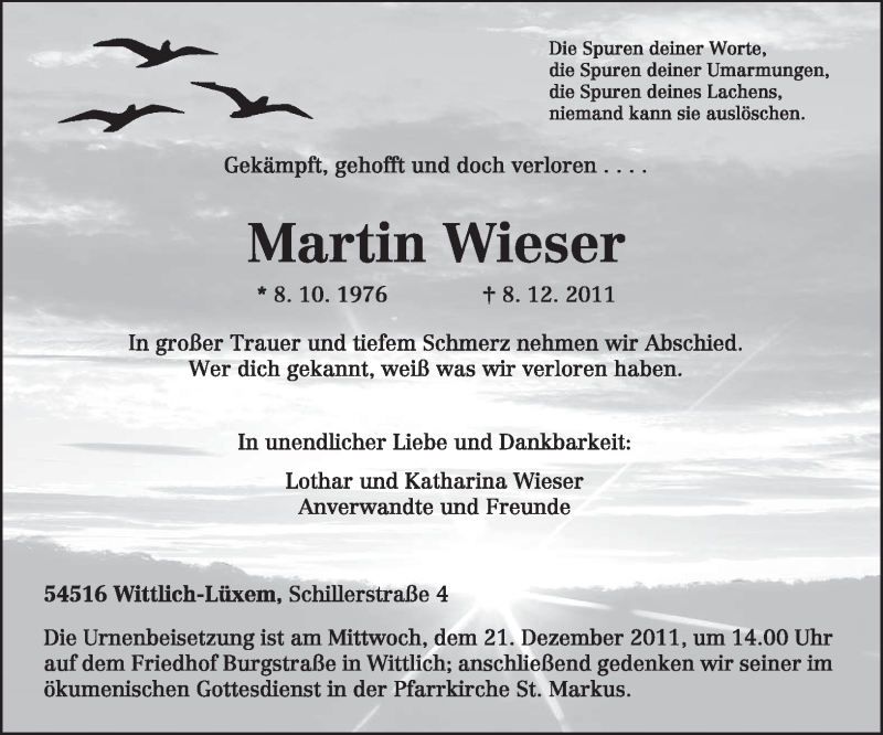  Traueranzeige für Martin Wieser vom 17.12.2011 aus TRIERISCHER VOLKSFREUND