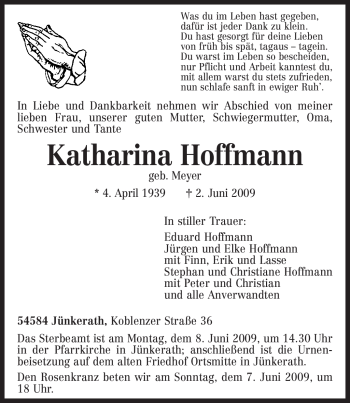 Traueranzeige von Katharina Hoffmann von TRIERISCHER VOLKSFREUND