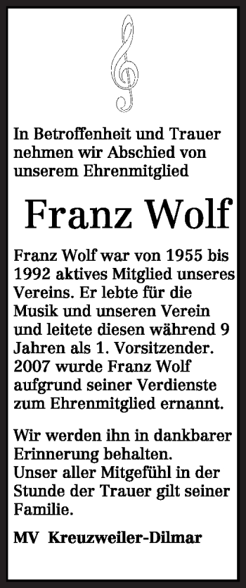 Traueranzeige von Franz Wolf von TRIERISCHER VOLKSFREUND