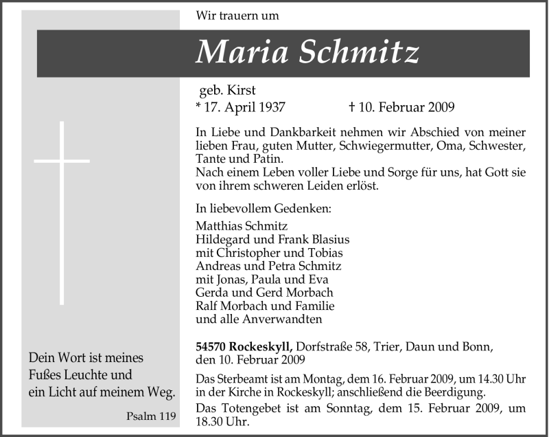  Traueranzeige für Maria Schmitz vom 14.02.2009 aus TRIERISCHER VOLKSFREUND