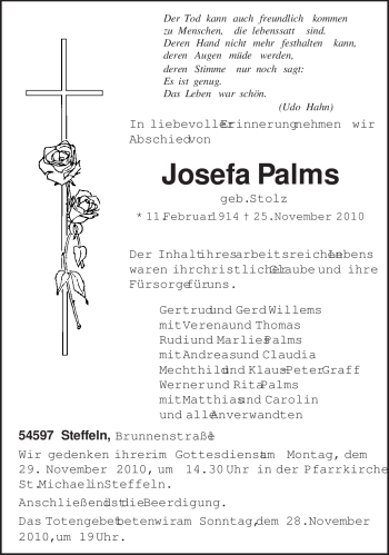 Traueranzeige von Josefa Palms von TRIERISCHER VOLKSFREUND