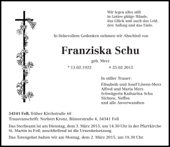 Traueranzeige von Franziska Schu von trierischer_volksfreund