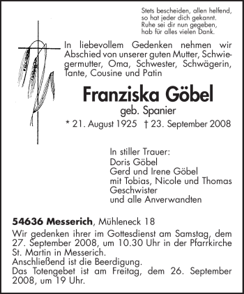 Traueranzeige von Franziska Göbel von TRIERISCHER VOLKSFREUND