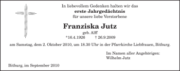 Traueranzeige von Franziska Jutz von TRIERISCHER VOLKSFREUND