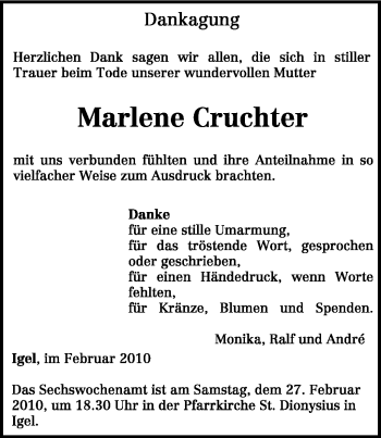 Traueranzeige von Marlene Cruchter von TRIERISCHER VOLKSFREUND